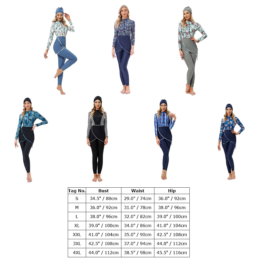 OBEEII Badpak voor dames, moslimpak, conservatief, broek met lange mouwen, met hoofddoek, driedelig strandbranding, S-XL, zwart. 07, M