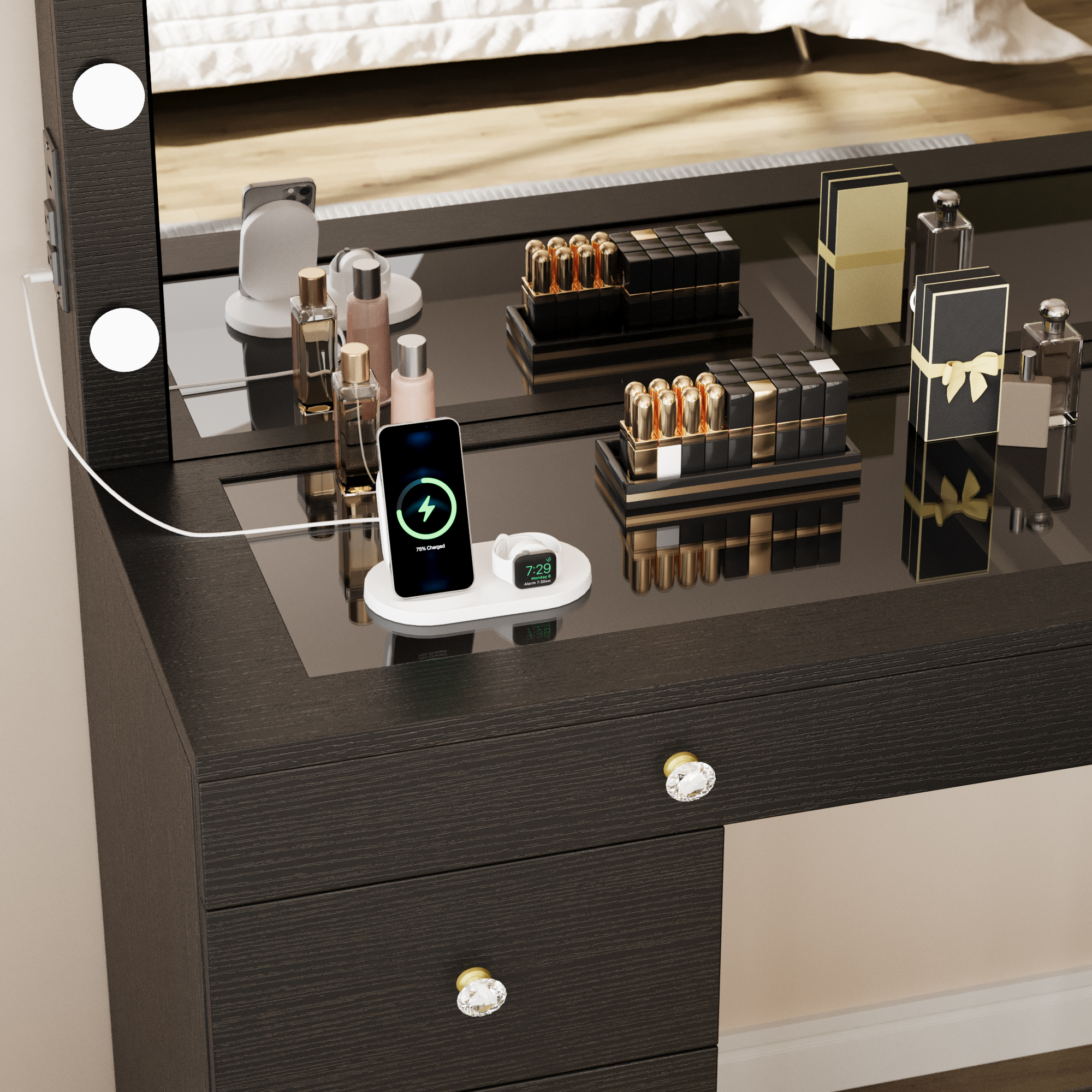 Uforic Black 8-Drawer Makeup Vanity Desk with Dimmable Hollywood LED Mirror USB-C & 2 AC Outlets