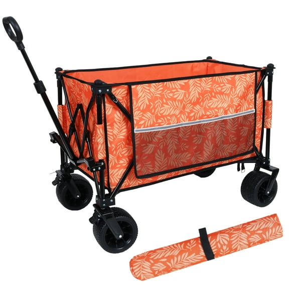 Heavy-Duty 480lbs Folding Wagon Cart with Bonus Picnic Mat, All-Terrain Beach Wheels, Drink Holders, Brakes & Side Pocket for Camping, Garden, Sports (Orange Print)
