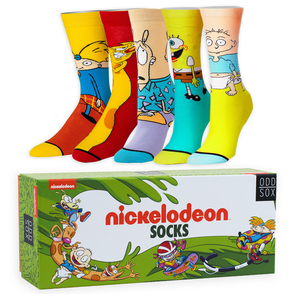 ODD SOX – Nickelodeon Gift Box – 5-Pack Men's Crew Socks – Spongebob, Rugrats, Hey Arnold & More –