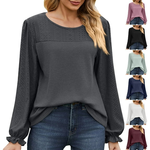 HVOBTTY Women's Long Sleeved Lightweight T Shirt, Fall Tops for Women, Women's Soft Casual Crew Neck Patchwork Loose Lightweight T Shirt Black, L