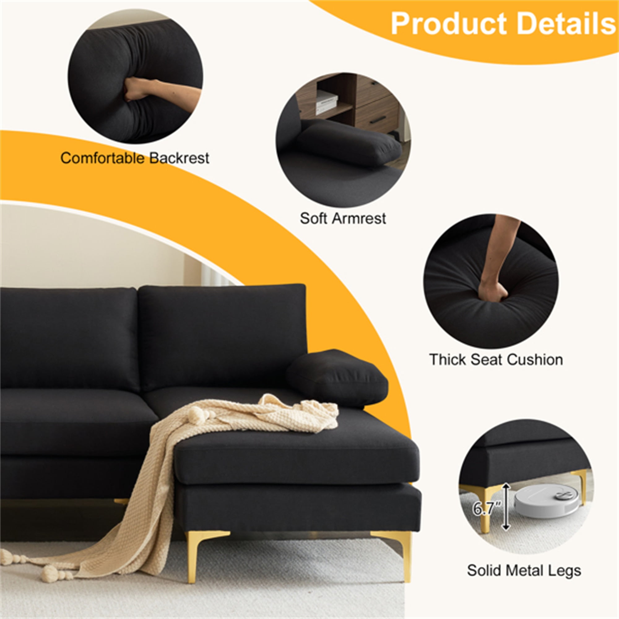 YYAo Reversible Modular Sectional Sofa Bed, Couch with Large Chaise U-Shape Modular for Small Space Apartment, Living Room, Black YYAo Reversible Modular Sectional Sofa Bed, Couch with Large Chaise U-Shape Modular for Small Space Apartment, Living Room, Black