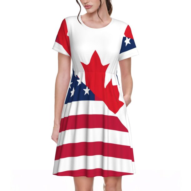Balery USA Canada Flag Vestidos sueltos de manga corta para mujer, vestidos de verano 2025, vestidos casuales de corte A con vuelo.