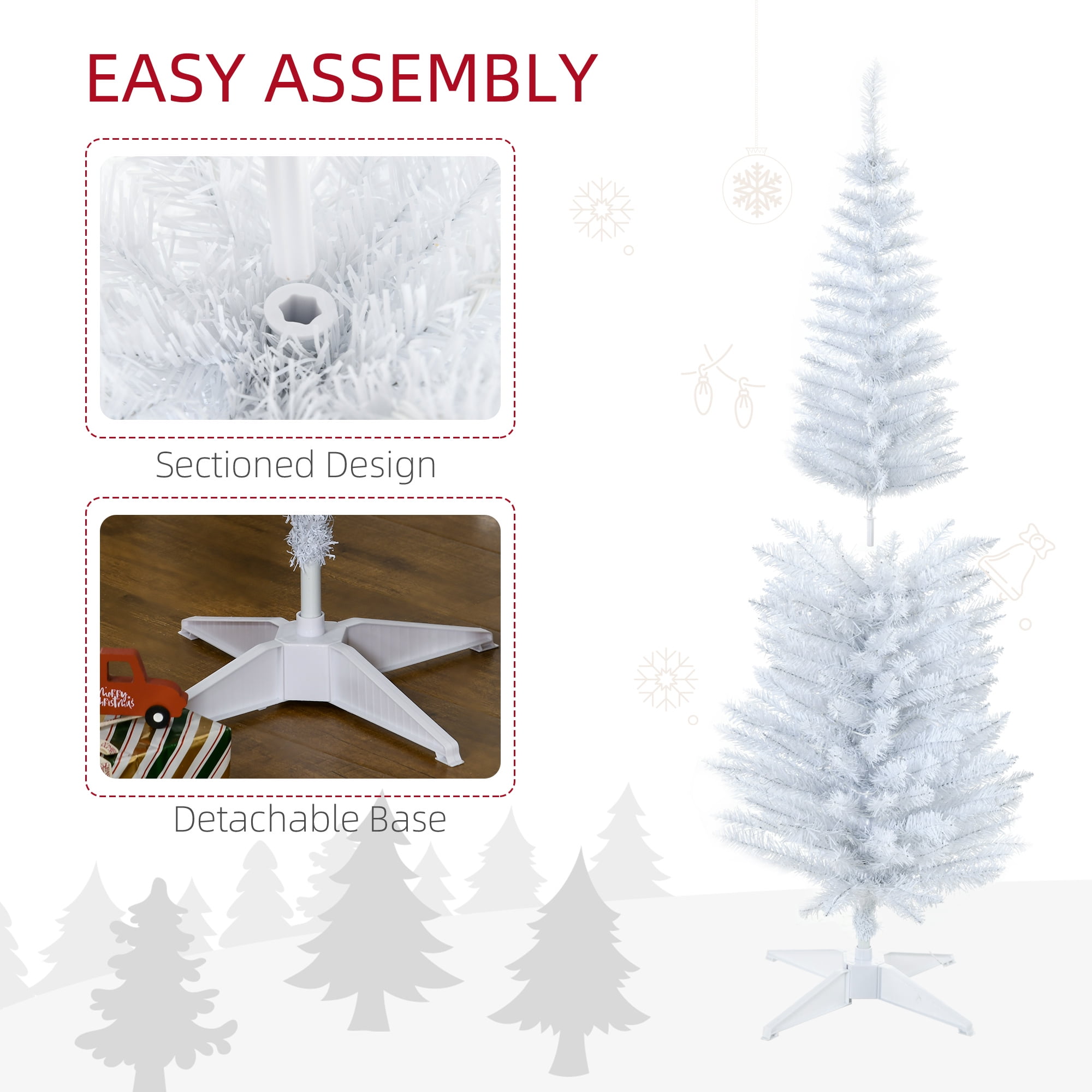 5FT White Slim Pencil Artificial Christmas Tree, 294 Tips 110 Warm White LEDs, Section Design, Flame Retardant Sturdy Base, Indoor Holiday Decor