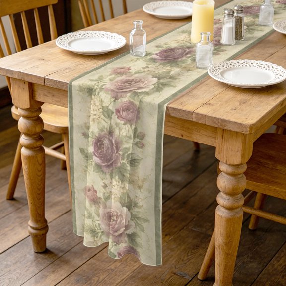 Purple Rose 10ft Cheesecloth Table Runner for Wedding 27"x120", Vintage Romantic Pink Flower Botanical Countryside Kitchen Dinner Sheer Tulle Chiffon Dresser Scarf, Holiday Party Decorations