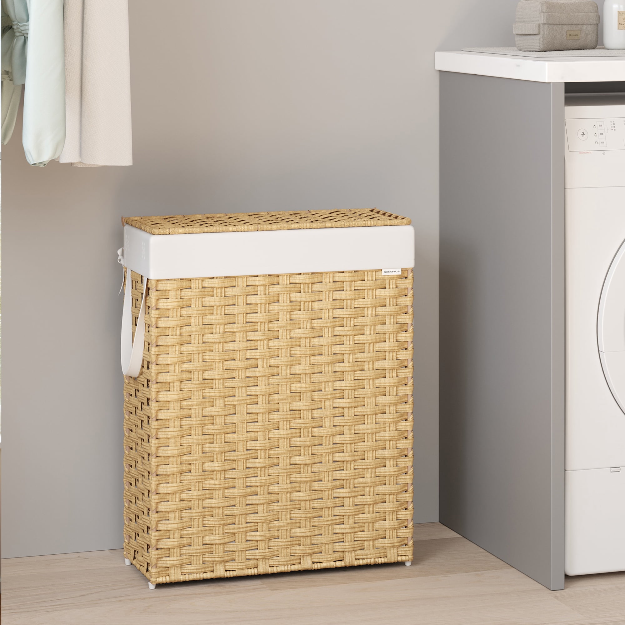 LEDREM Foldable Rattan Laundry Hamper with Removable Liner & Lid - 14.5 Gallon (55L) Storage, Space-Saving Design, Handles for Easy Carry, Waterproof & Ventilated, Goose Yellow