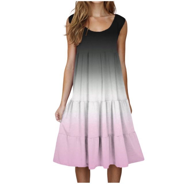 Robes de Détente Roses pour Femmes Été Automne Sans Manches Col Rond Spandex Dégradé Midi Longueur Genou Coupe Ample Robes Femmes 2025 Vêtements Concert Country 3TG