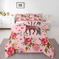 Homewish Western Horse Animal Bedding Comforter Set, Romantic Pink Rose Twin Comforter Sets, Teens Kisd Women Girls Reversible Bedding Set, Microfiber Bedroom Decor, 2 Pieces