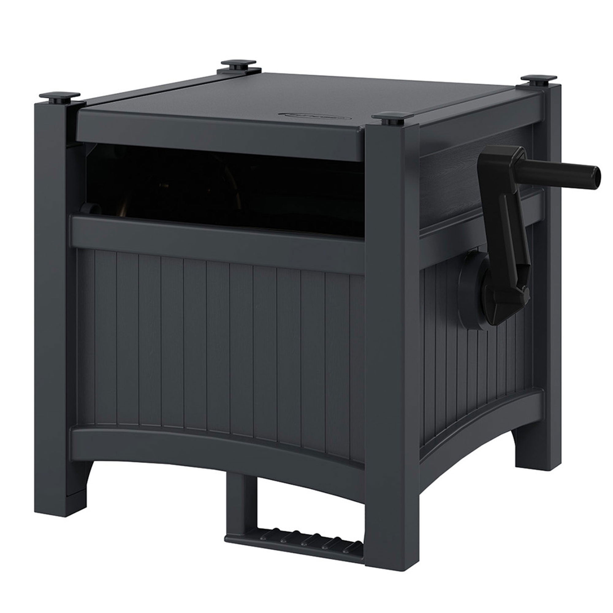 Suncast 100' Resin Garden Hose Reel & Hideaway Outdoor 33 Gal Garbage Bin, Cyberspace