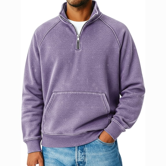 Men's Washed Vintage Quarter-Zip Solid Color Sweatshirt, Mock Neck Casual Pullover Top, Fall Spring Retro Streetwear,Pink,L