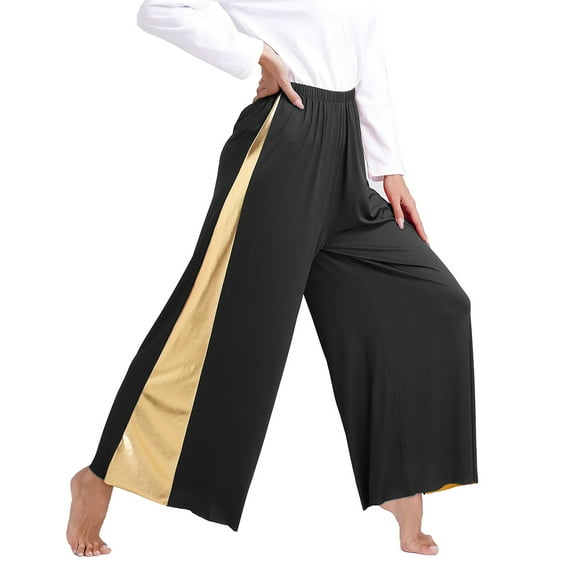 Yartina Women's Praise Dance Palazzo Pants Metallic Patchwork Wide-Leg Trousers for Liturgical Dance Black XXL