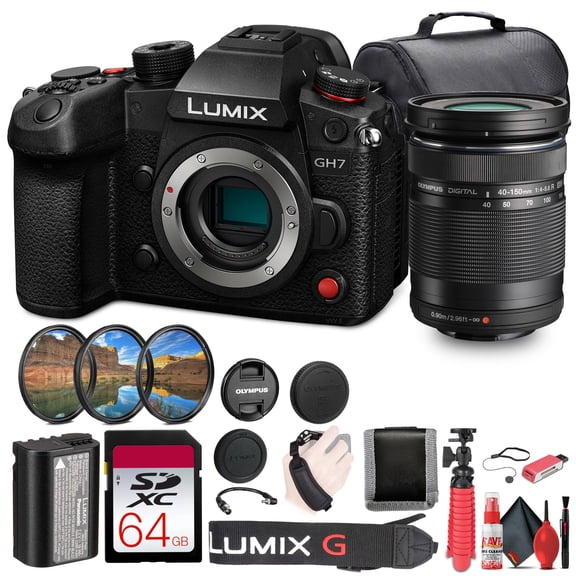 Panasonic Lumix GH7 Mirrorless Camera (DC-GH7BODY)   Olympus 40-150mm F/4-5.6 R Lens   64GB Memory Card   Photo Editing Software  Bag   DMW-BLK22 Battery   Card Reader   Charger   More
