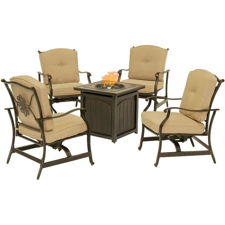 Fire Pit Tables And Chairs Sets Hanover Traditions 5-Piece Fire Pit Chat Set in Natural Oat with 4 Cushioned Rockers and a 26-In. Square Fire Pit Table ()