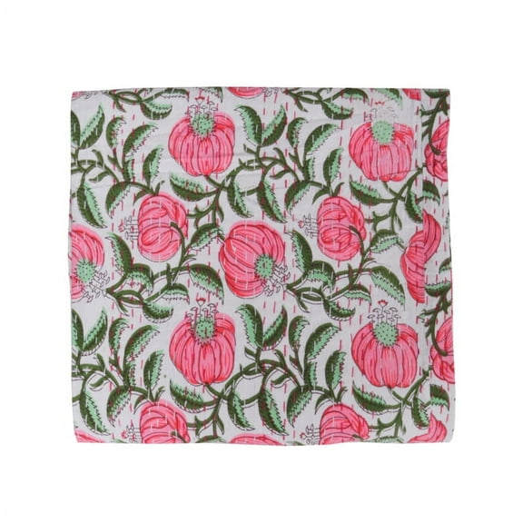 Floral Print Queen Kantha Quilt Indian Block Hand Print Quilt Cotton Kantha Throw Kantha Blanket Handmade Quilt Double Kantha Bedspread White Quilt