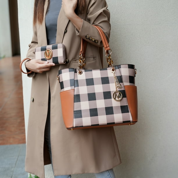MKF Collection Bonita Checker Women s Tote Bag with Wristlet Wallet Vegan Leather 2Pcs Shopper Handbag Set by Mia K Pink