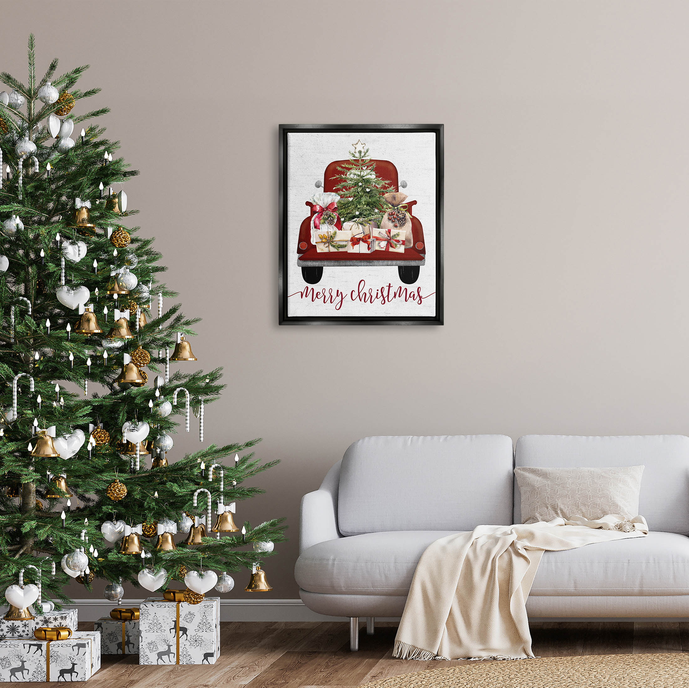 Stupell Industries Merry Christmas Holiday Presents Graphic Art Jet Black Floating Framed Canvas Print Wall Art, Design by Lettered and Lined