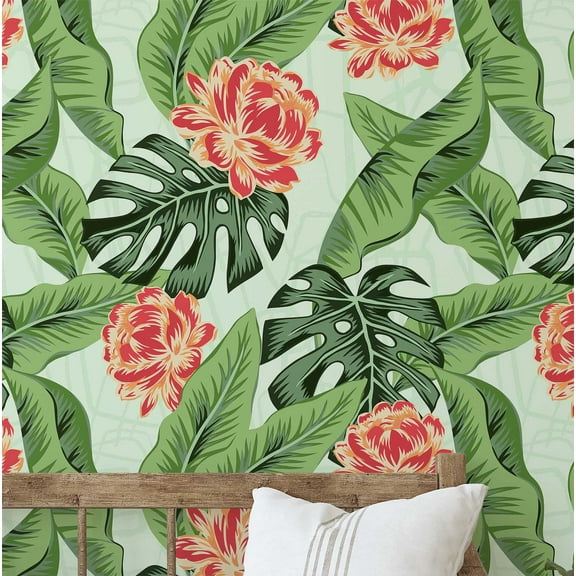 S4Sassy Tropical Leaves Wallpaper - Green Wall Covering, 25" X 120" Self-Adhesive Plain Vinyl Wallpaper, Decorative Wallwrap, Easy Diy Wall Covering For Bedroom, Living Room, Living Space