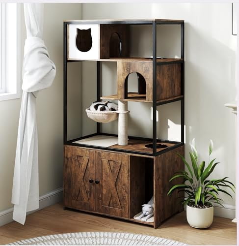 Aivituvin All-in-One Cat Litter Box Enclosure Hidden Litter Box Furniture with Cat Tree, Scratching Post, Cozy Cat Cave, Hanging Hammock, Storage Cabinet, Durable & Space-Saving