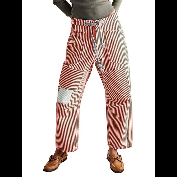 Jeans para Mujer Y2k con Rayas, Cordón Ajustable, Cintura Alta, Rectos, Pierna , Estilo Boyfriend, Pantalones Vaqueros Mom. Rojo M