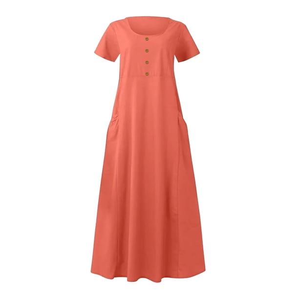 Xdegoge Orders Placed By Me Fashion Deals Linen Dress Women Short Sleeve  Summer Beach Dresses Crew Neck Flowy Maxi Sun Dress Basic Casual Solid  Color Vacation Dress with Pockets Fashion Deals -
