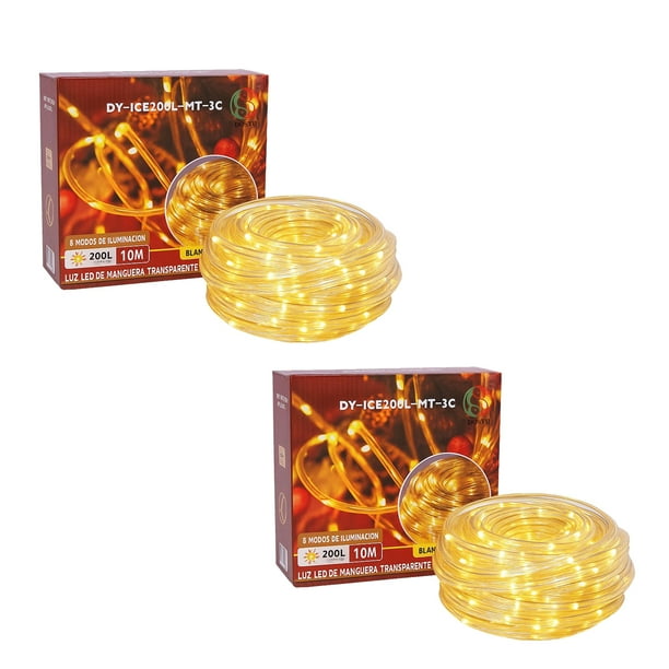 Paquete 2 Mangueras LED Blanco Calido 10 m – 200 Leds, 8 Modos Decorativos