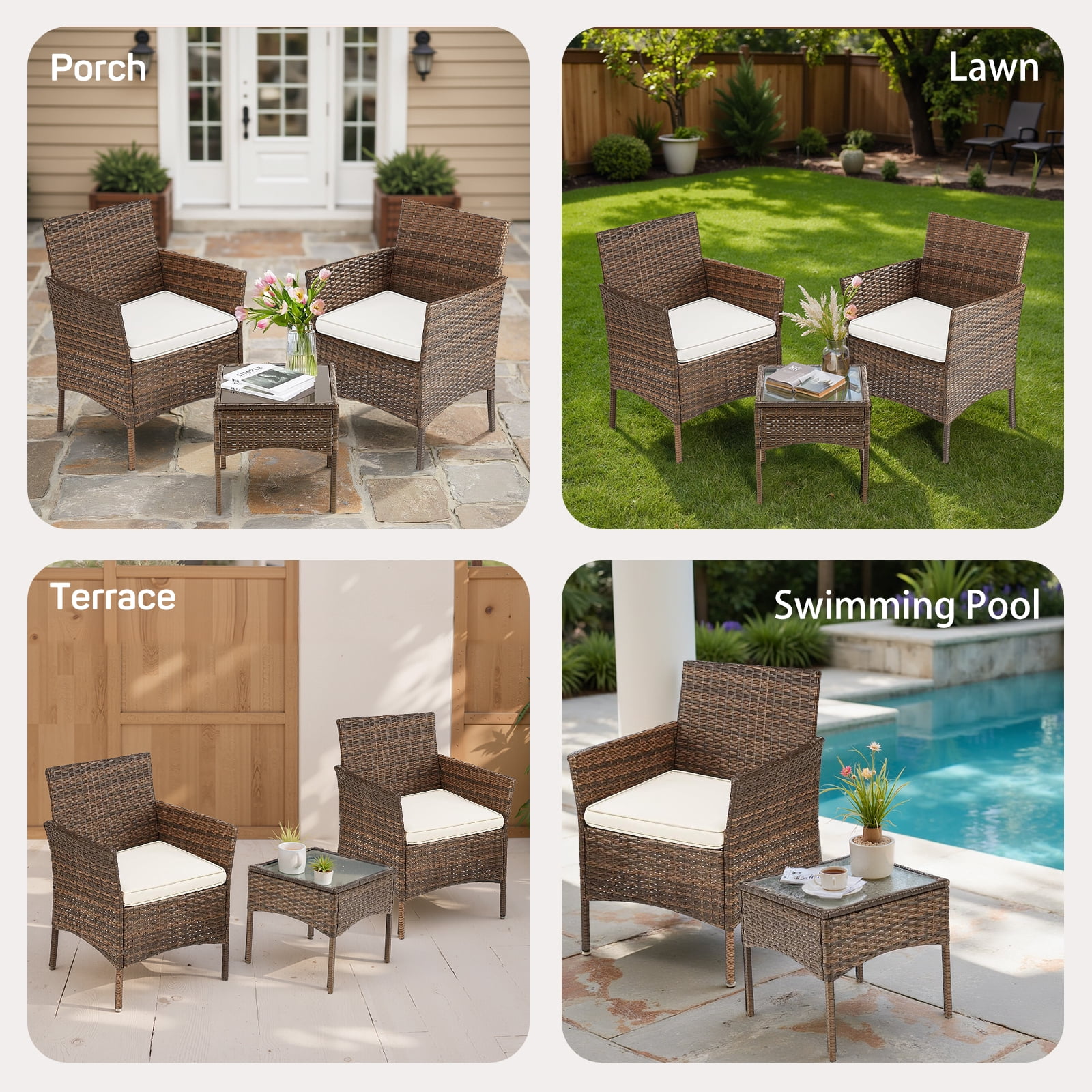 Simenmax Patio Furniture Set 3 Pieces, Outdoor Wicker Furniture with Coffee Table, Modern Rattan Patio Chairs Conversation Sets with Sofa for Garden, Terrace, Porch, Balconies, Lawns, Brown