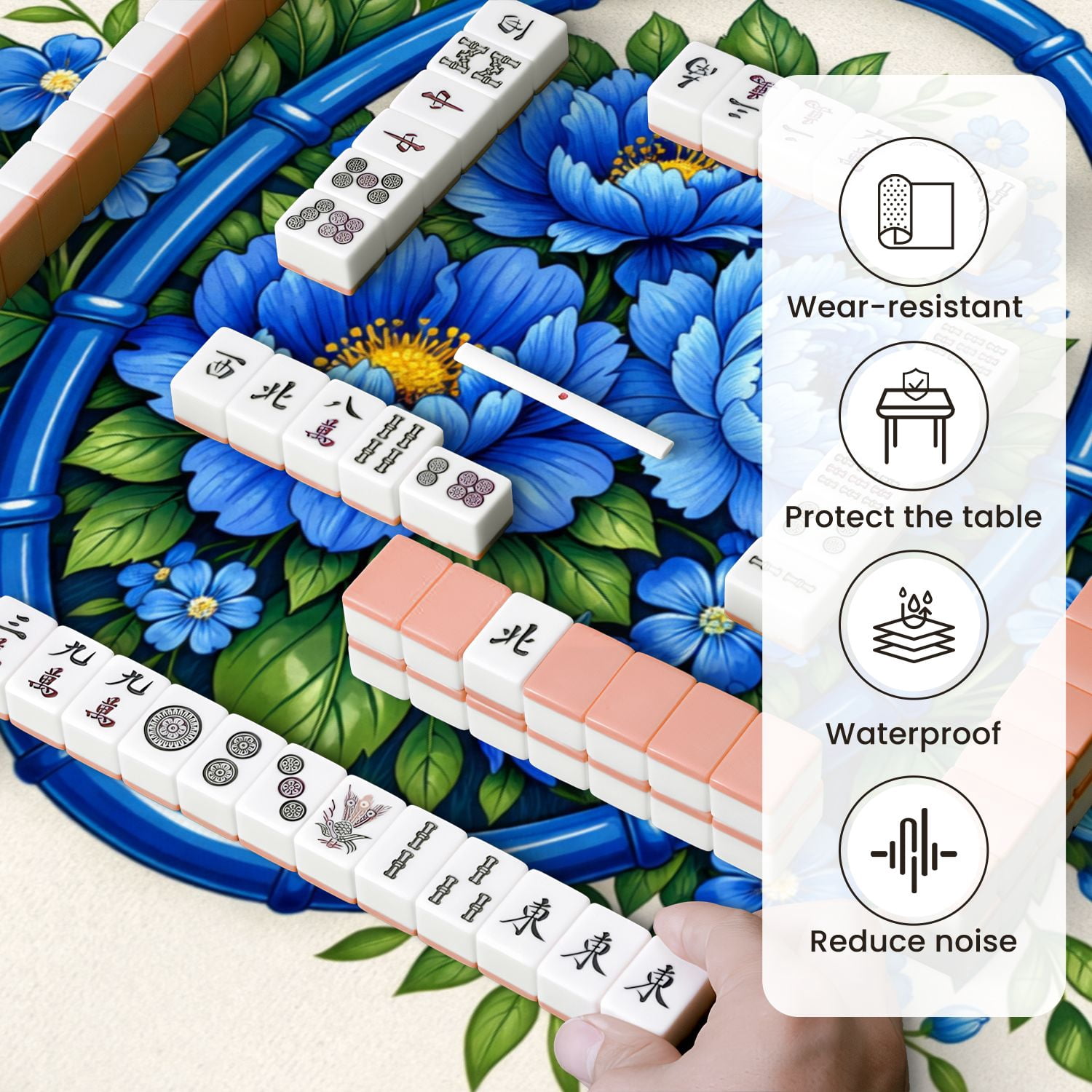 Mahjong Mat 31.5" x 31.5" Blue Floral Bouquet Oval Frame Vibrant Peonies Small Flowers Non-Slip Noise Reduction Mahjong Tiles Table Cover for Dominoes Poker Card Board and Tile Games