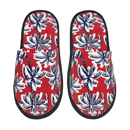 Balery Palm Tree Pattern on Red Slient Indoor Furry Fleece Comfort House Shoes Soft Non-Slip Home Shoes Cotton slippers House Slippers-- Large
