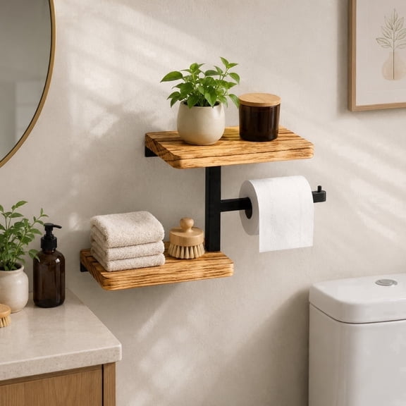 Toilet Paper Holder with Shelf, Wall Mounted Bathroom Tissue Roll Holder Tray, Rustic Wood Storage Shelf, Multifunctional Bathroom Organizer for Home