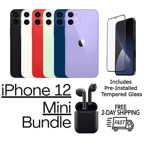 Restored Apple iPhone 12 Mini (Fully Unlocked) 64GB Green (A2176) Bundle with Pre-Installed Tempered Glass and Bluetooth Earbuds (Refurbished)