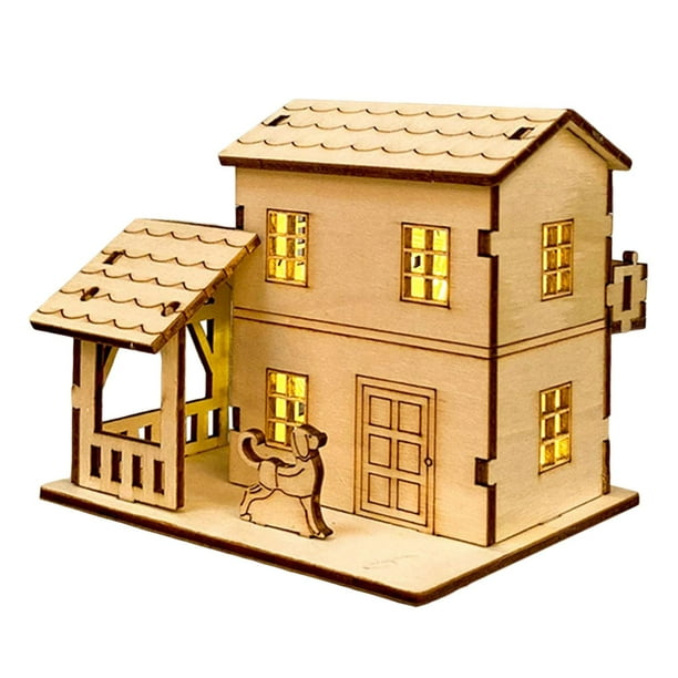 Casa de madera sin terminar, funciona con pilas, escena navideña, estilo pueblo EstiloF 10.5x8.3x8cm