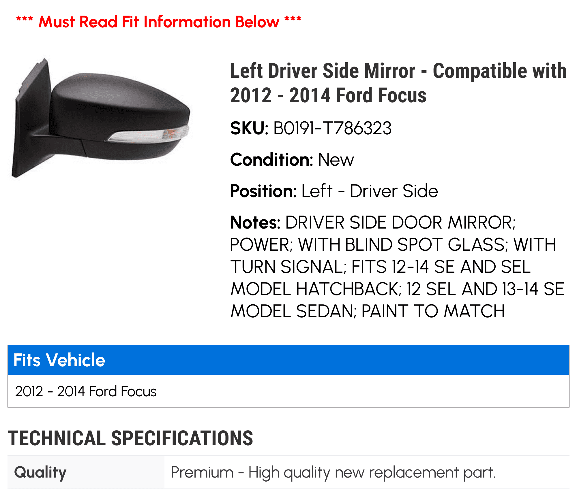 Left Driver Side Mirror - Compatible with 2012 - 2014 Ford Focus 2013