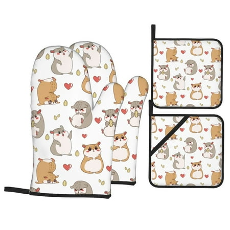 

Oven Mitts and Pot Holders Sets 4 pcs - Love Cartoon Cute Hamster Heat Resistant Silicone Oven Gloves with Non-Slip Silicone Surface and hot pads for kitchen Baking Cooking BBQ