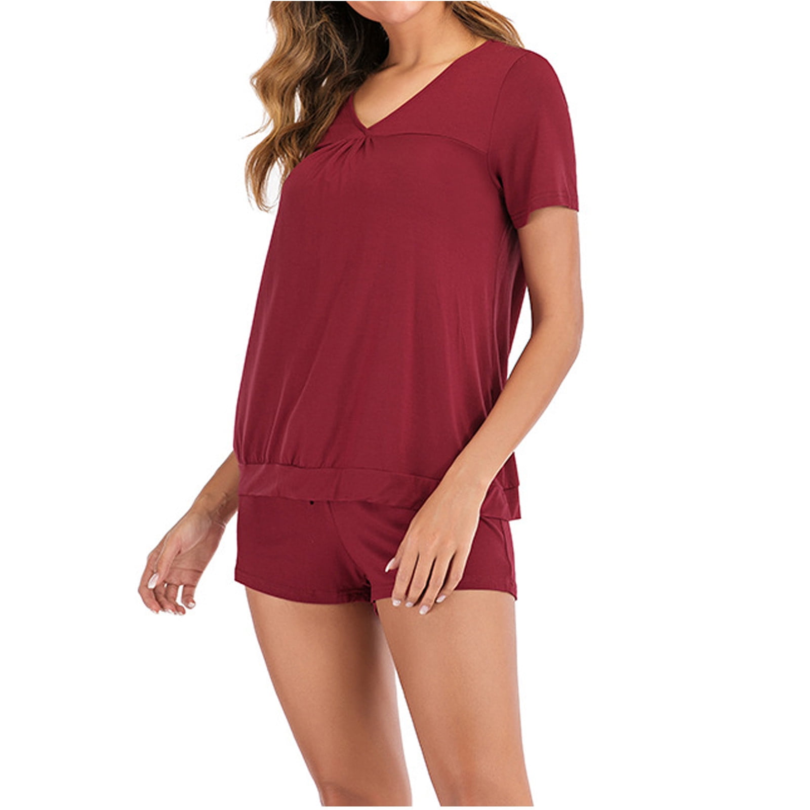 BONIXOOM Christmas Pajamas For Women Matching Family Christmas Pajamas Sleepwear None Short Sleeve Sleep Pants Solid Wine L