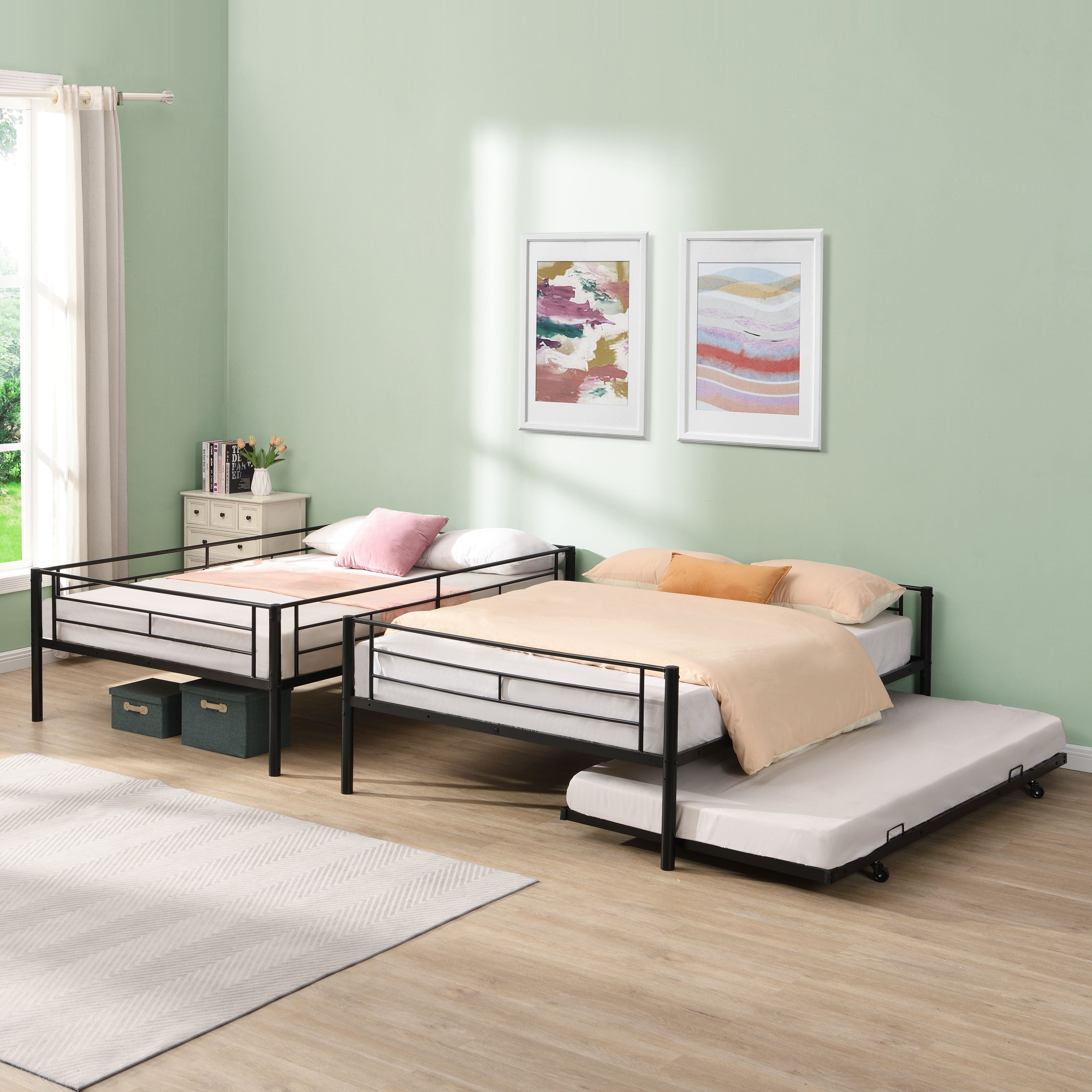 Full Over Full with trundle Metal Bunk Bed, No Box Spring Needed, Easy Assemble