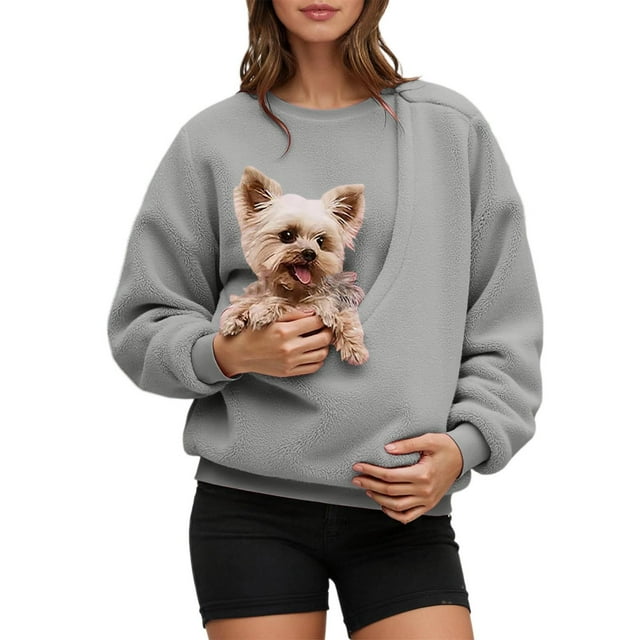 GPOECD Chandail Molletonné Sans Capuche pour Femmes avec Poche avant, à Bretelles, pour Petits et Chats, Chandail à Col Rond Doux et Confortable 03_Gris Pâle,S