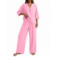 thumbnail image 2 of Cagogo Women Plus Size 3/4 Sleeve V Neck Two Piece Set Casual Wide Leg Pants Outfits Solid Basic Loungewear Travel Airport Clothes Matching Lounge Tracksuits, Pink S, 2 of 7