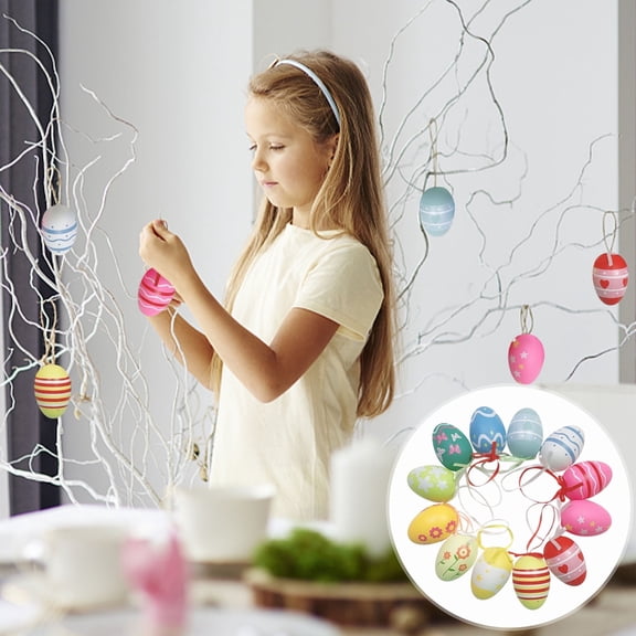 12PC Easter Hand-Drawn Hanging Decorations - 6x4cm Colorful Plastic Eggs with Ribbons, Ideal for Easter Trees, Doors, and Home Decoration, Perfect for Party & Gift Giving