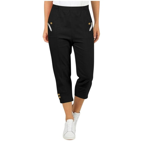 Tnhcen Women's Solid Color Stretch Straight Leg Capri Pants Elastic Waist Zipper Pocket Workwear Cargo Pants Matte Finish Casual Length Trousers S-2XL