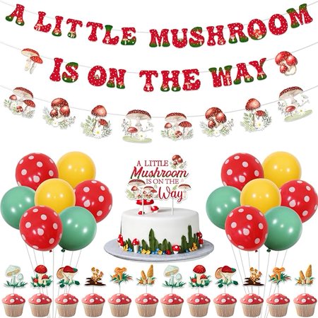 Mushroom Baby Shower Decorations A Little Mushroom Is On The Way Banner Garland Vintage Mushroom Party Decor Woodland Mushroom Baby Shower Cake Topper Balloon for Fairy Forest Mushroom Party