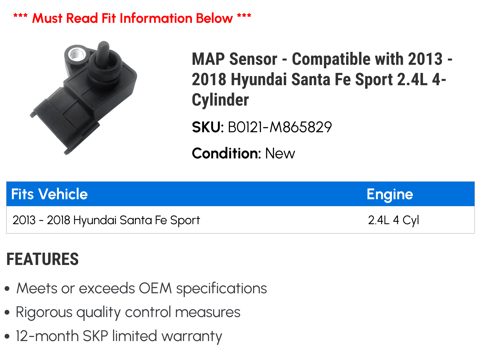MAP Sensor - Compatible with 2013 - 2018 Hyundai Santa Fe Sport 2.4L 4-Cylinder 2014 2015 2016 2017