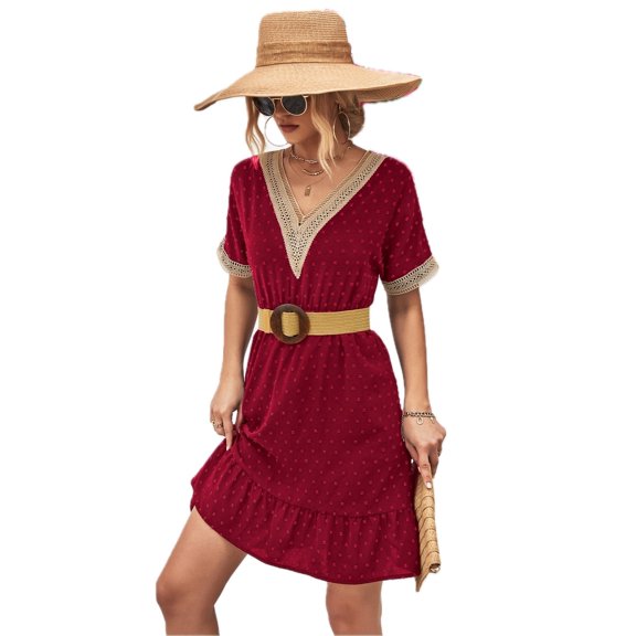 Women's V Neck Mini Dress with Swiss Dot and Ruffle Neckline Short Sleeves A Line Hem 95% Polyester 5% Spandex