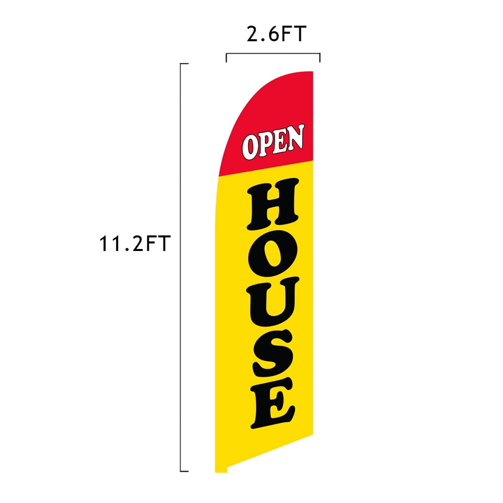 Premium Open House Feather Flag Kit - Includes 13ft Sectional Aviation Grade Fiberglass Poles, Yellow Open House Flag, Cross Base and Weight Bag, and Pole Sleeve Bag