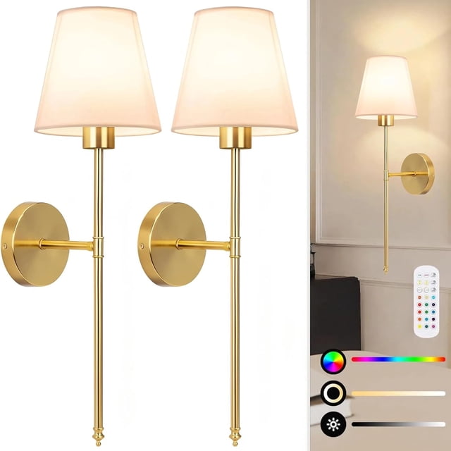 Apliques de pared recargables (2 Piezas, 6000mAh c/u), 15 Colores, 10 Niveles Brillo. Lamparas de pared inalámbricas con control remoto, perfectas como lámparas de pared interior de casas.