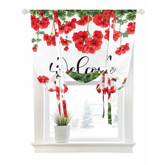 Red Spring Floral Tie Up Curtains for Window, Thermal Insulated Balloon Shade Adjustable Rod Pocket Curtains Valance Panels for Kitchen Bathroom Cafe 42 x 63 Welcome Green Botanical Watercolor