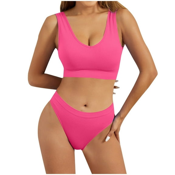 Lingerie Sets for Women Women's Underwear Set Gathering Underwear Women's Large Chest Display Small Shockproof Sports Bra Large U Open Back Beauty Tank Top Set Bra Set, Color:Hot Pink, Size:S