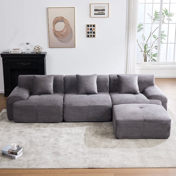 120"Modern L Shaped Modular Sectional Sofa, Boneless Cloud Couch with Ottoman, Oversized Corduroy Couch Deep Seat, 30D Sponge for Indoor Living Room, No Assembly Required(Dark Grey)
