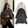 thumbnail image 3 of Women Woolen Jacket Elegant Zipper Lapel Long Sleeve Short Coats Vintage Street Outerwear, 3 of 6