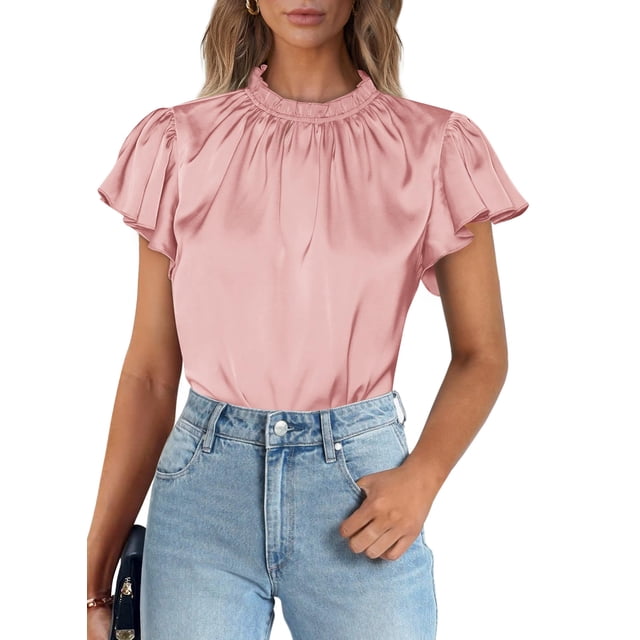 Blusa de Satén para Mujer PRETTYGARDEN Manga Corta con Volantes Talle M
