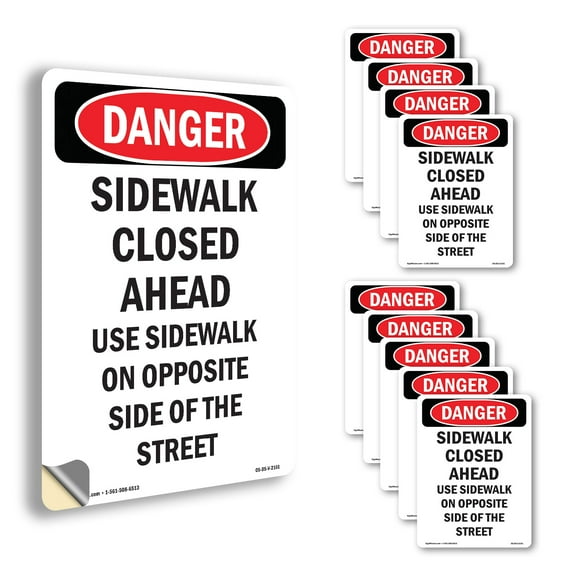 Sidewalk Closed Ahead Use Sidewalk OSHA Danger Vinyl Decal Label 5 Inch x 3.5 Inch - 10 Pack